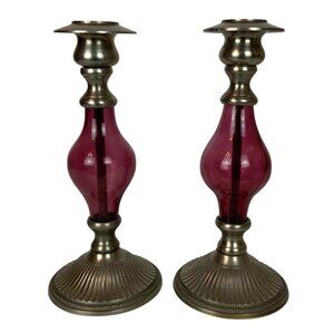 Vintage Yankee Candle Nickel & Cranberry Glass Candle Holders Set Of 2 India